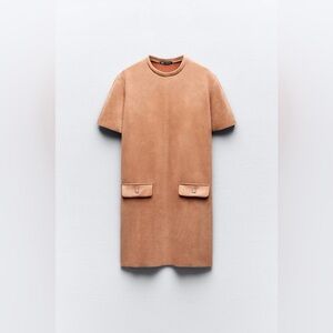 NWT Zara Pink Faux Suede Mod Shift Dress with Rhinestone Pocket Buttons